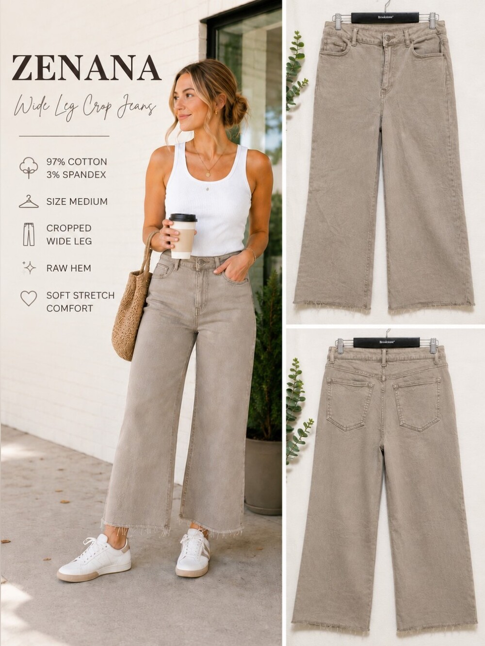 Zenana Wide Leg Crop Jeans Raw Hem Khaki Taupe Size Medium